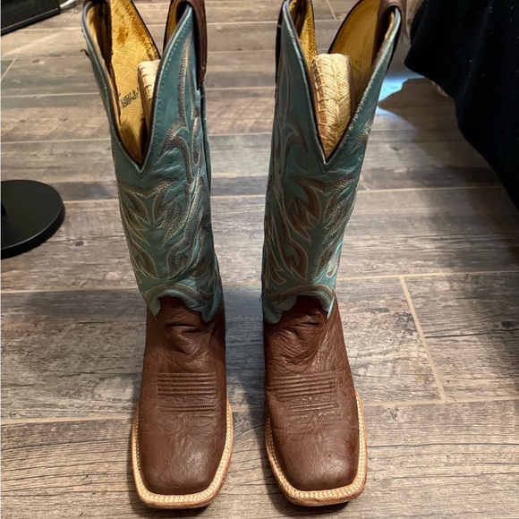 Justin Boots Shoes - Justin Boots Brown Ostrich Leather with Teal Embroidered Shaft Western Boots
